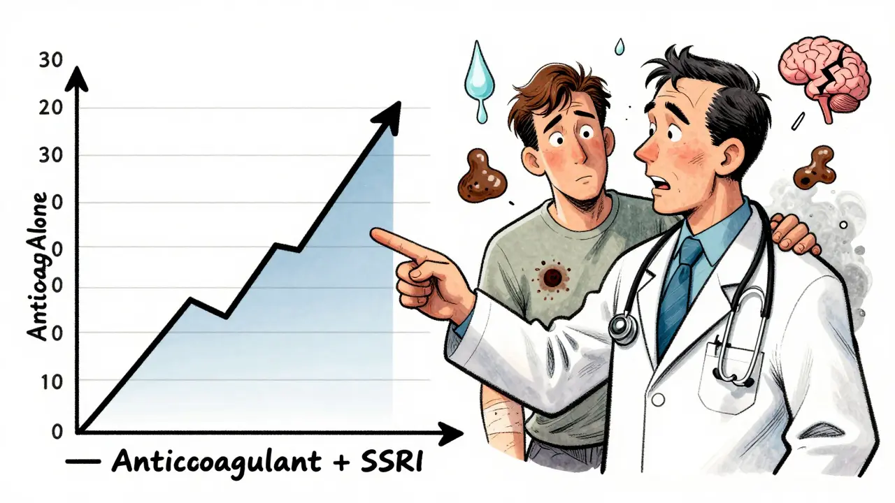 Doctor showing bleeding risk graph, patient displaying signs of internal bleeding.
