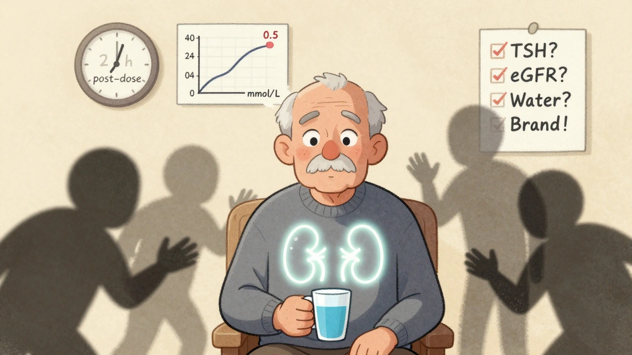 Elderly man with glowing kidney and thyroid icons, lithium level at 0.5 mmol/L, warning symbols of NSAIDs and diuretics creeping nearby.