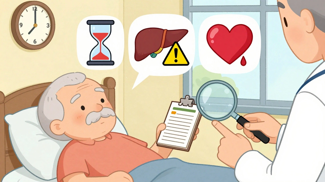 Elderly person reviewing a medication journal with visual icons representing delayed side effects like liver stress and fever.