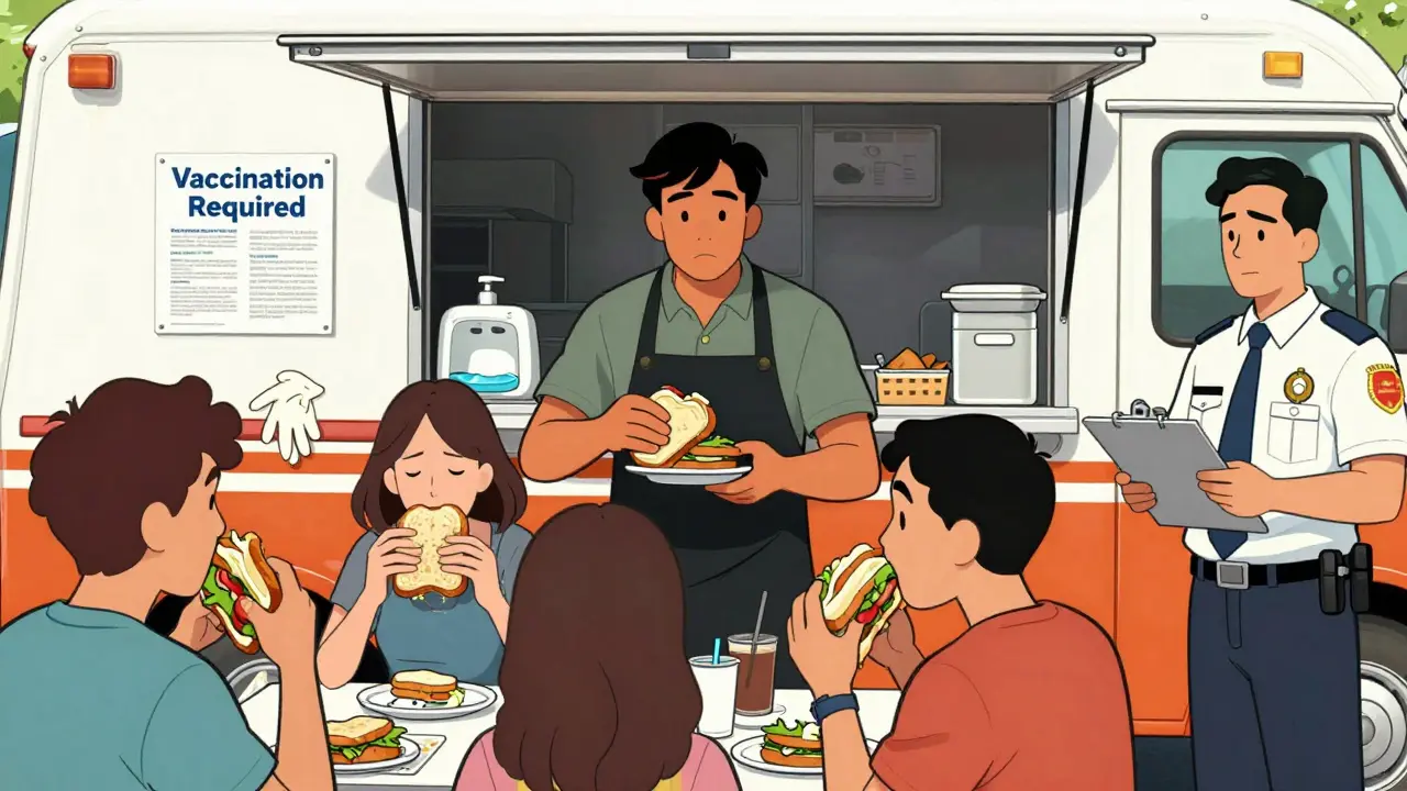 Food truck worker feeling sick while serving customers, public health inspector arriving.