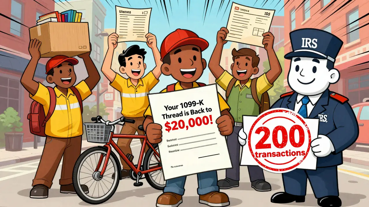 Gig workers celebrating as IRS confirms 1099-K threshold returns to ,000, with sales receipts and smiling agent.