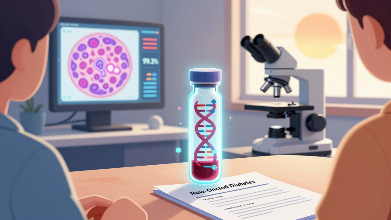Glowing blood test vial with DNA markers beside medical file, AI microscope in background at sunrise.