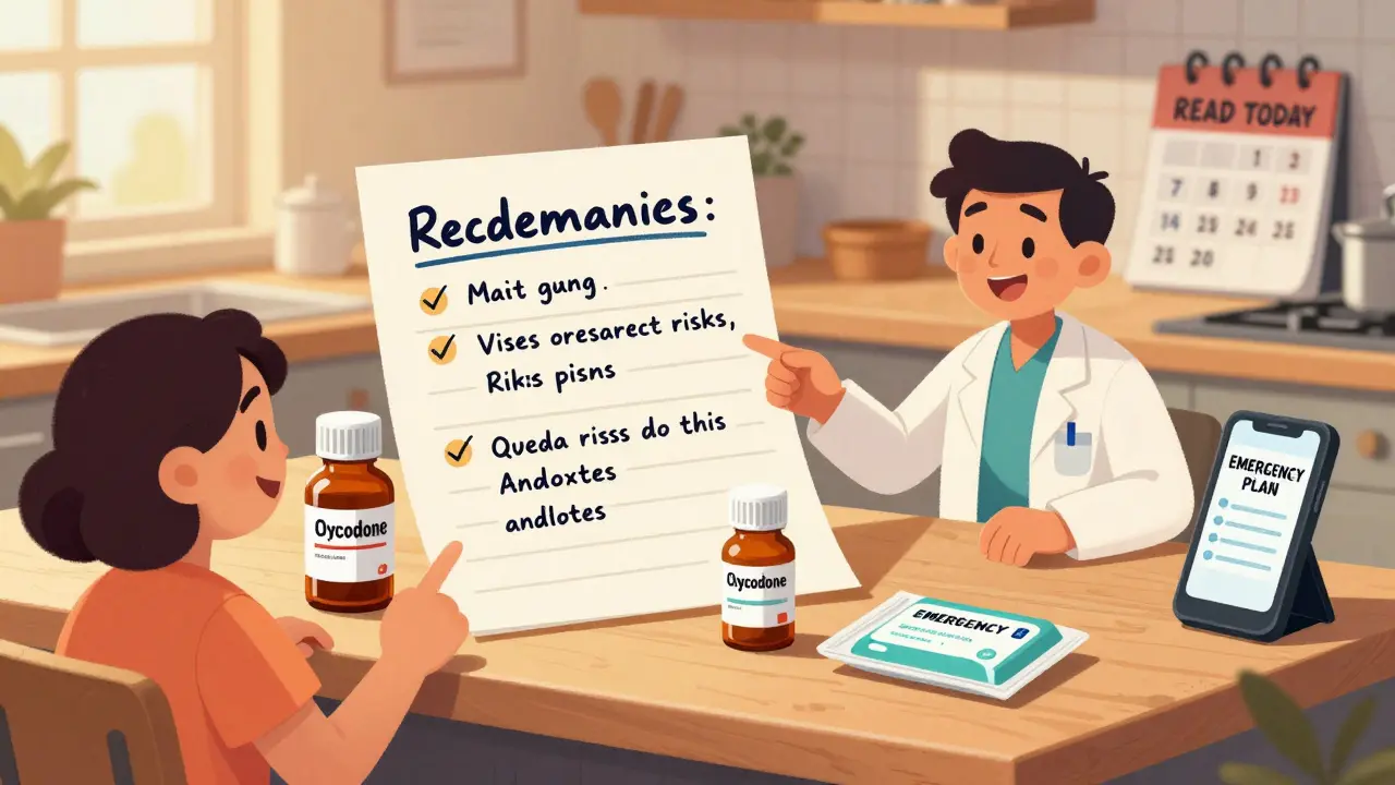 Handwritten emergency summary table on kitchen counter with medication bottle and naloxone kit.