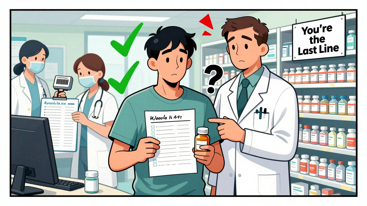 Patient holding medication list, comparing pill to label, hospital and pharmacy safety systems shown side by side.