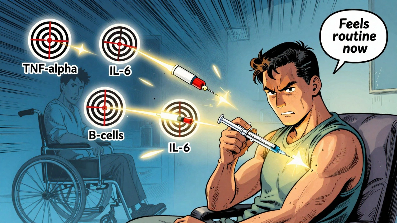 Patient self-administering a biologic injection with targeted immune pathway icons glowing around them.