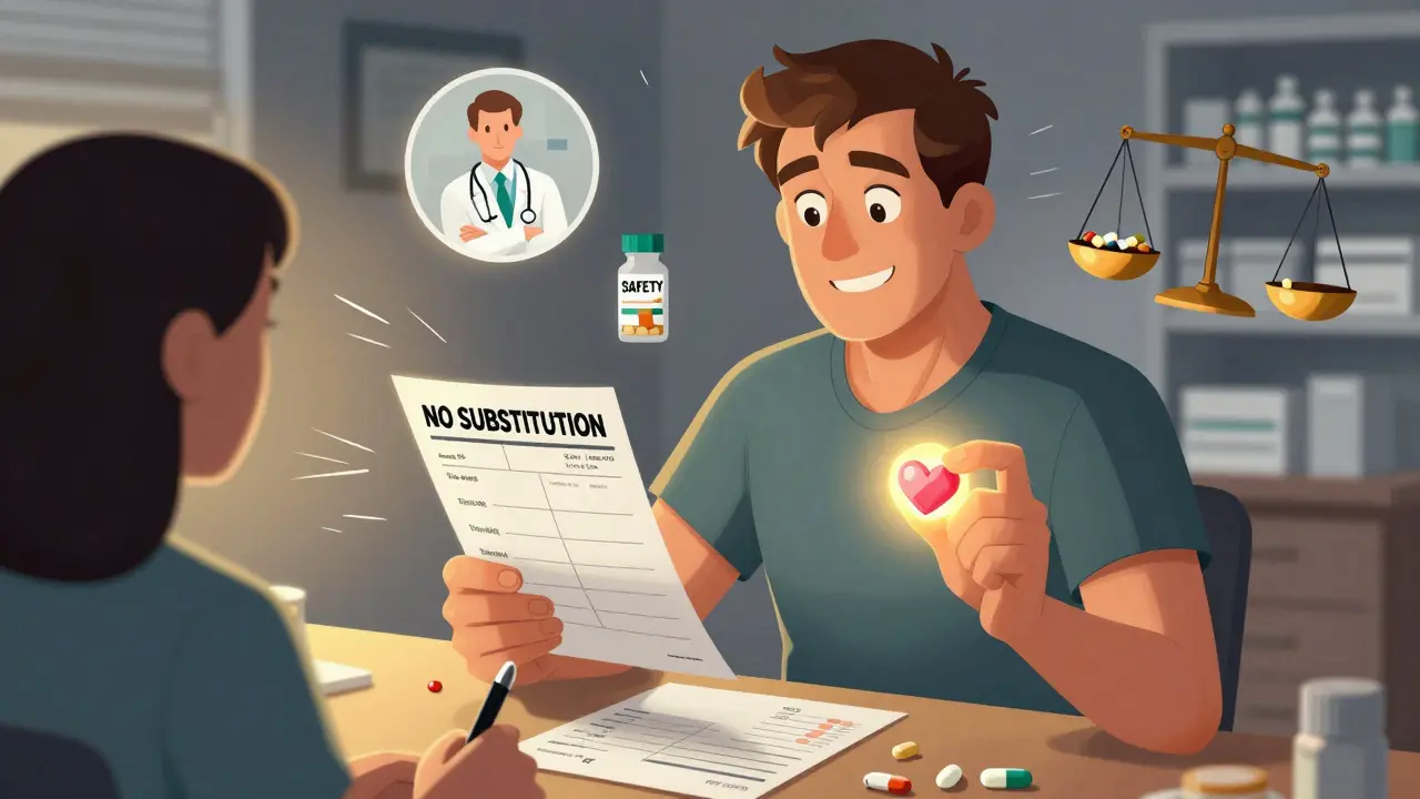 Patient writes 'NO SUBSTITUTION' on prescription, holding medication list and glowing heart pill.