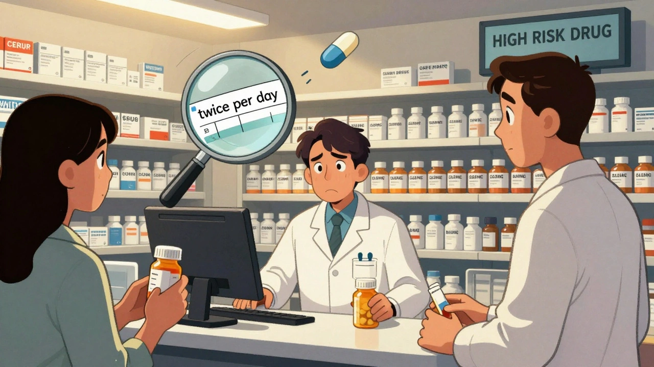 Pharmacist filling prescriptions at counter, patient confused, typo on prescription label visible.