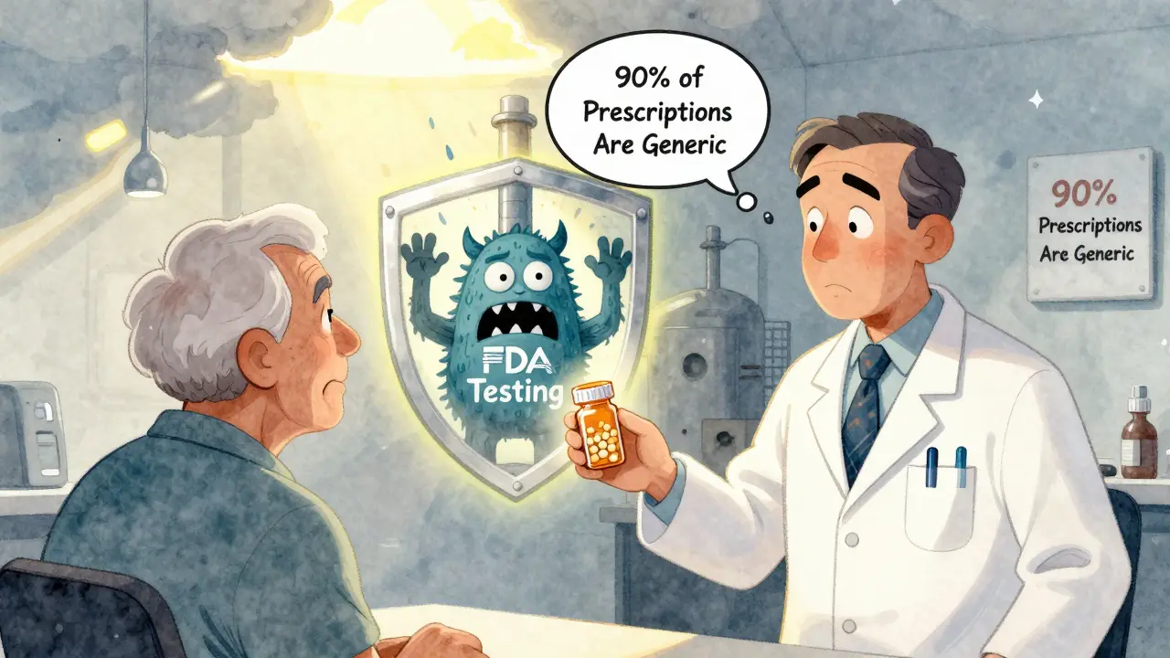 Pharmacist giving a pill bottle to an elderly patient while a nitrosamine monster is blocked by an FDA shield.