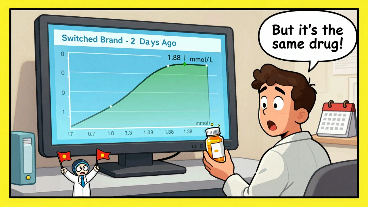Pharmacist handing lithium pills to patient while digital monitor shows dangerous level spike, comic-style alarm flags in background.