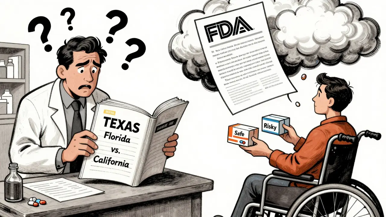 Pharmacist overwhelmed by state law books, patient receives conflicting combo pills from mail-order boxes.