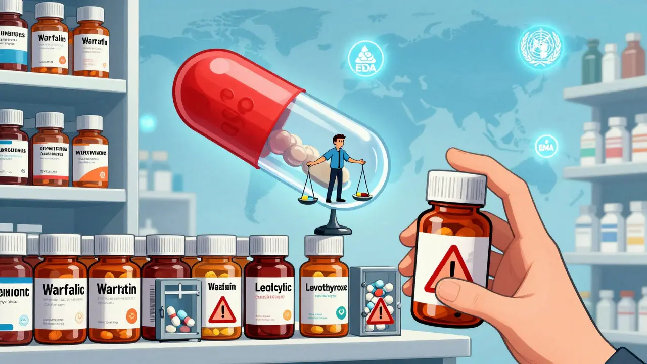 Pharmacy shelf with generic pills, giant pill containing a mathematician balancing on an 80-125% scale, warning icons for narrow therapeutic index drugs above.