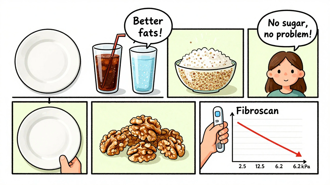 Sequential comic panels showing dietary changes over time, ending with a FibroScan result showing improved liver health.