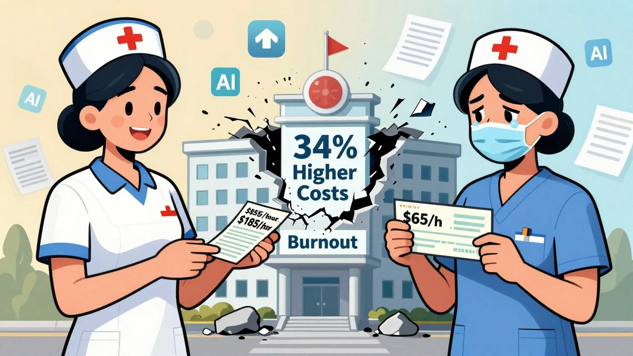 Split image: high-paid travel nurse vs underpaid permanent nurse with hospital crumbling between them.