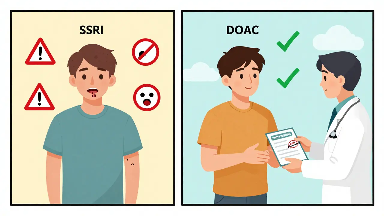 Split panel: risky SSRI-anticoagulant combo vs. safer mirtazapine-DOAC alternative.