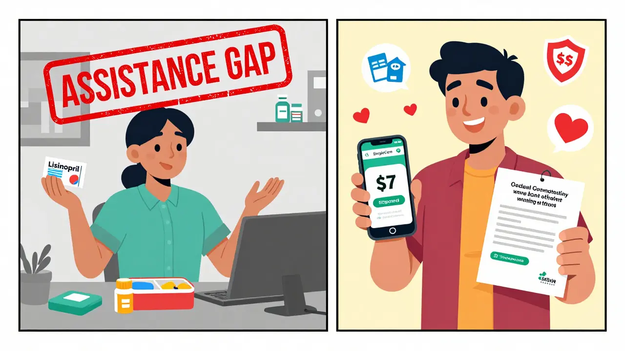 Split scene: a stressed worker facing high drug costs on one side, and the same person relieved with discount tools on the other.