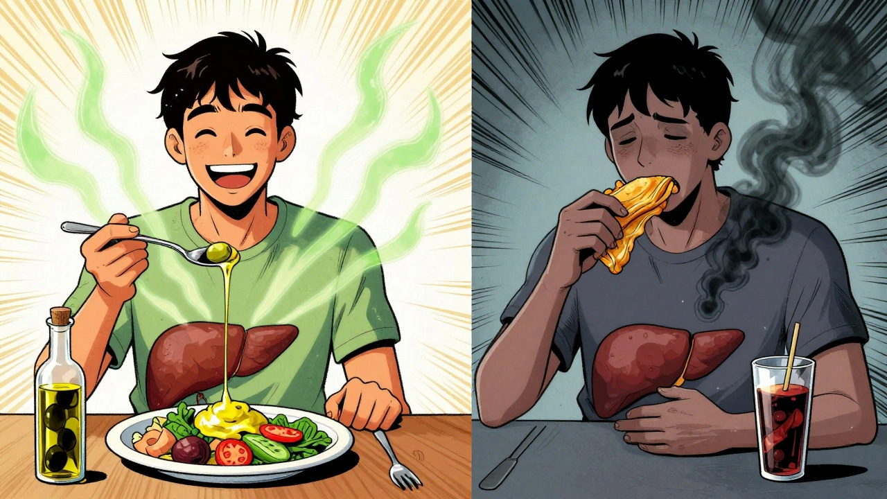 Split scene: one person glowing with healthy liver energy, another surrounded by dark smoke from unhealthy eating, in comic-style contrast.