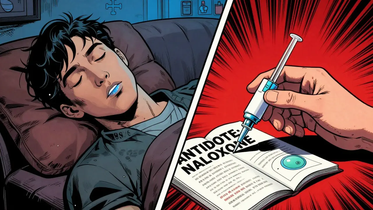 Split scene: person overdosing on couch vs. someone administering naloxone spray urgently.