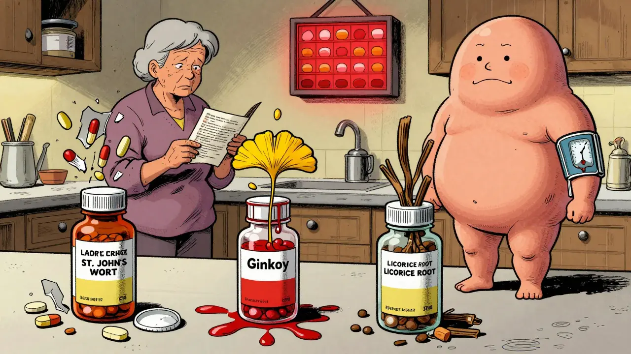 Three supplement bottles on a counter causing dangerous effects: shattered birth control, bleeding, and body swelling.