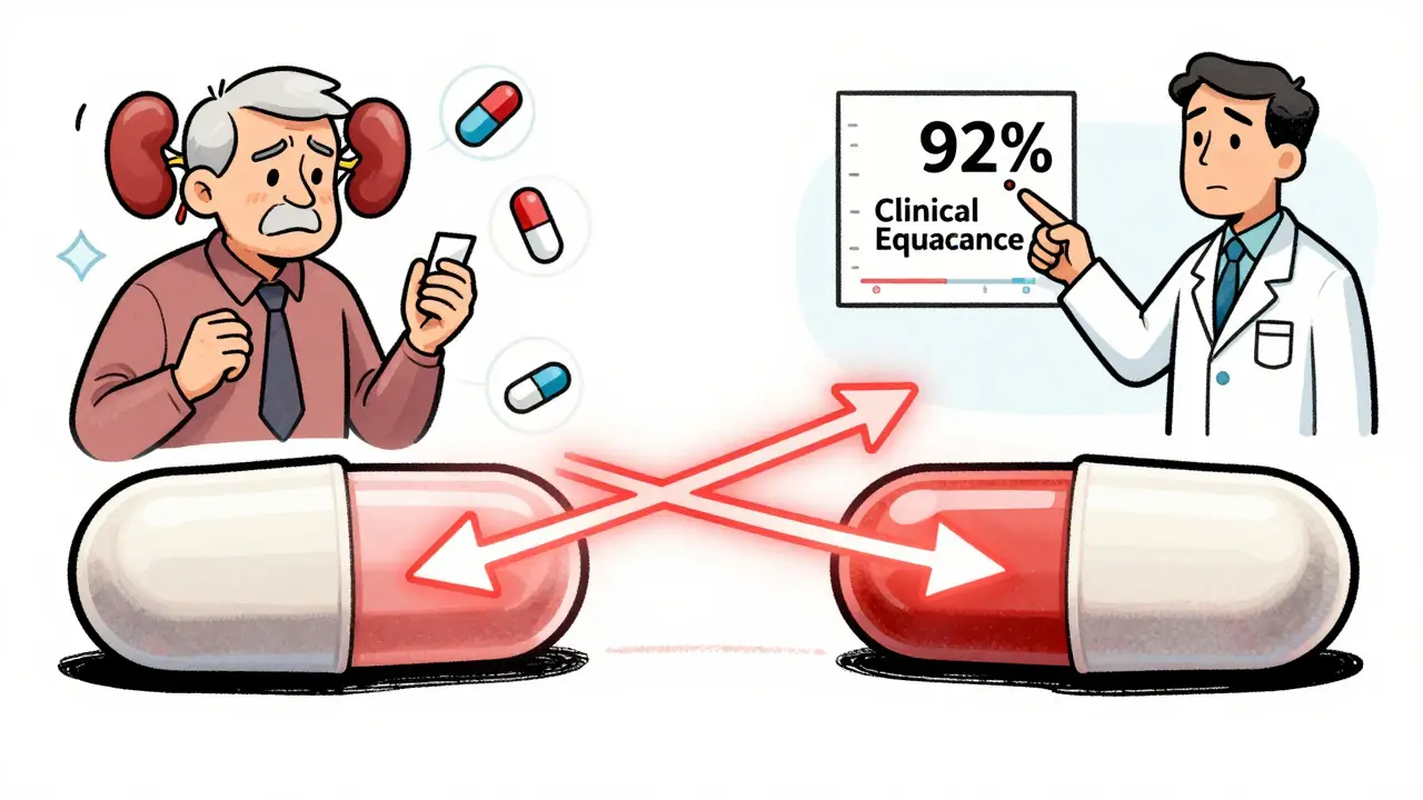 Two pills side by side with overlapping blood absorption curves and medical icons around them.