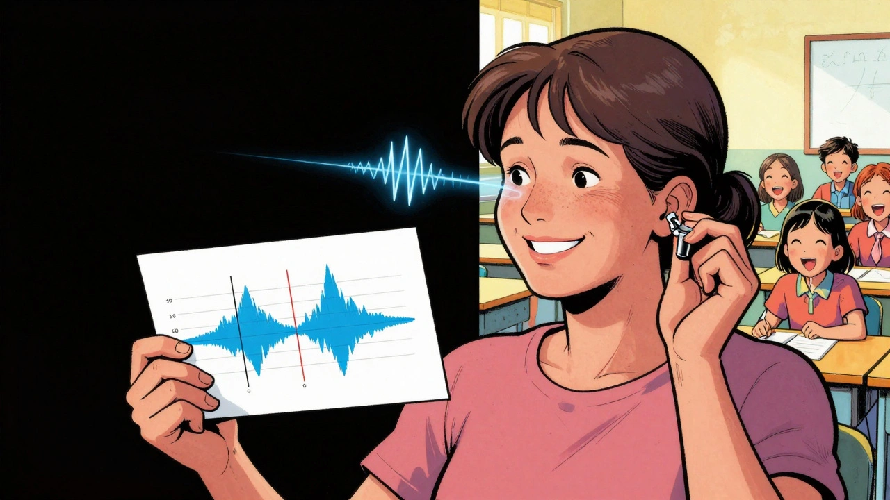 Woman holding audiogram and hearing implant, smiling as sound flows freely after surgery.