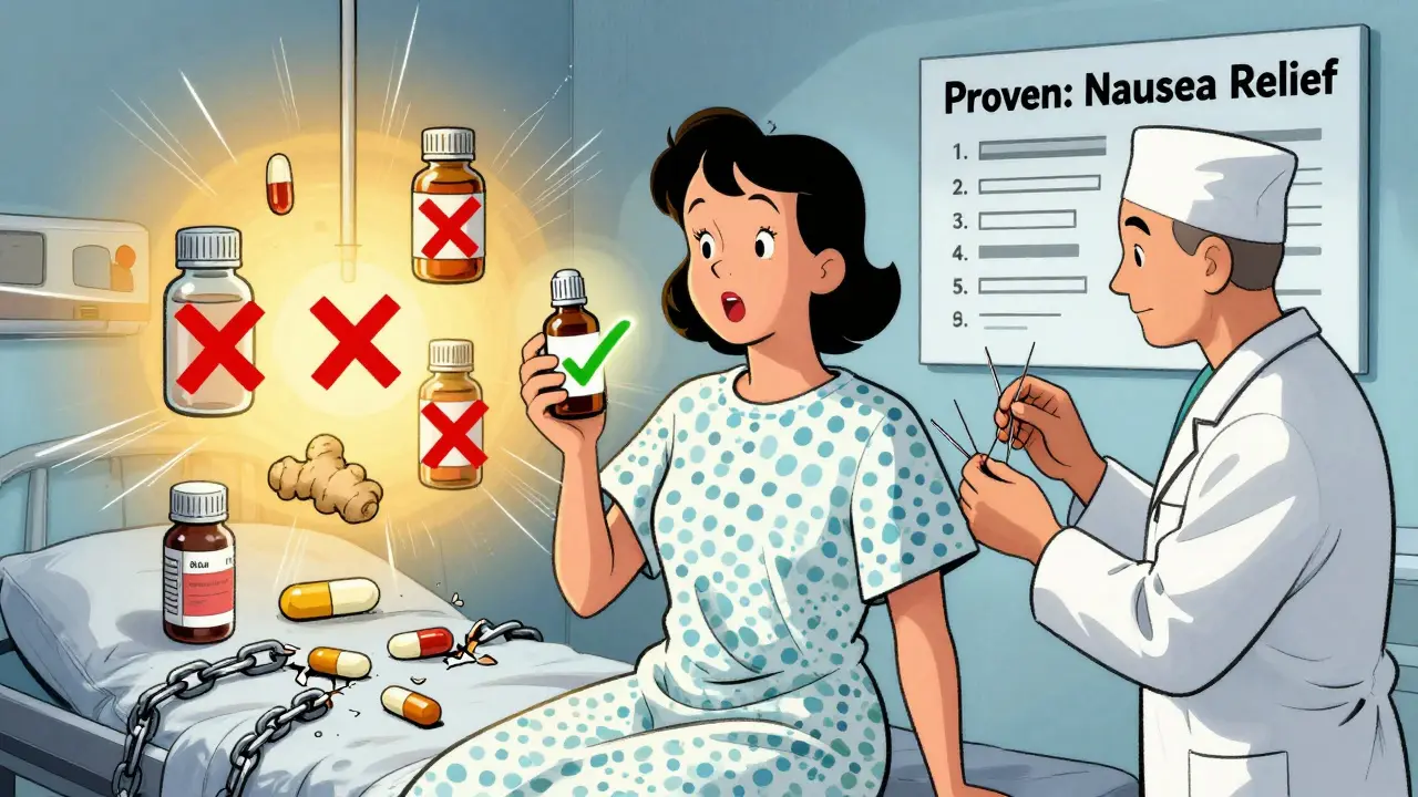 Woman holding proven ginger and peppermint capsules with glowing checkmarks, acupuncturist nearby, risky supplements marked with X's.