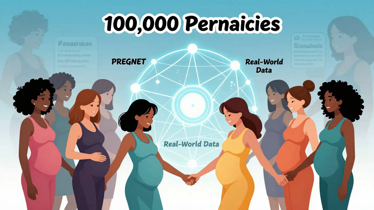 Women connected by a glowing data web representing pregnancy safety research.