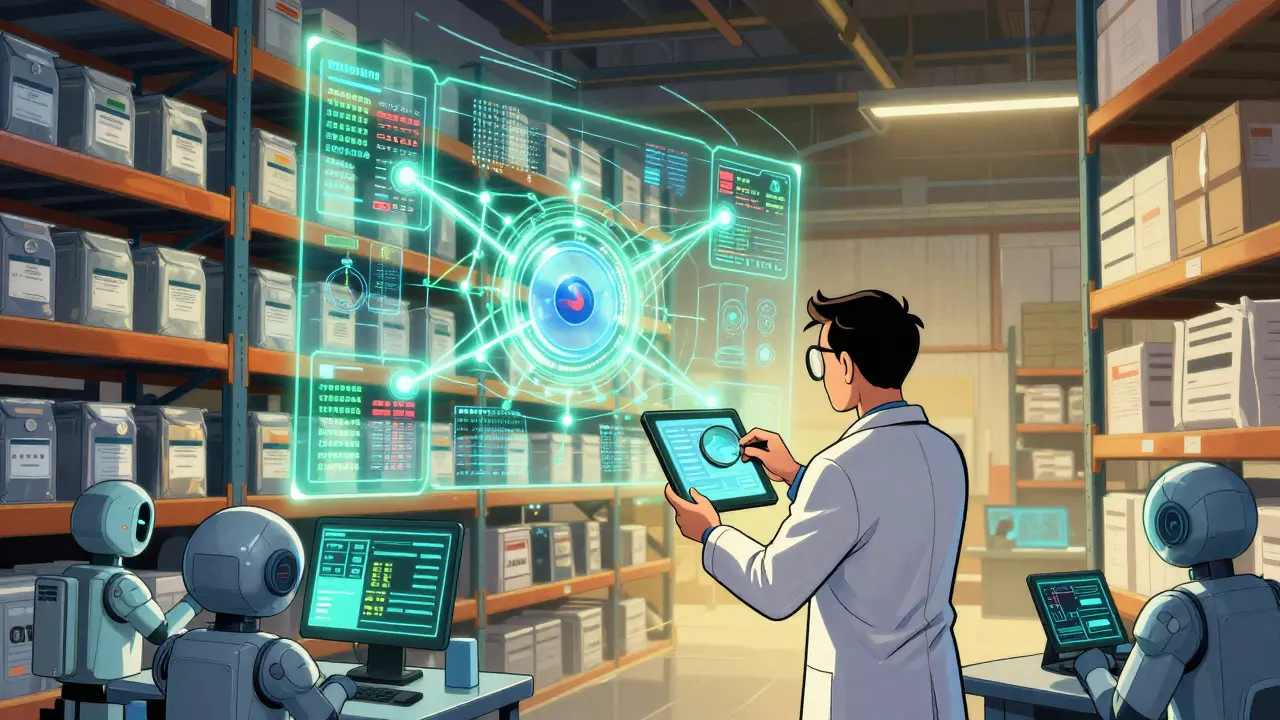 A blockchain system tracks drug batches with holographic data in a high-tech warehouse, overseen by a scientist.