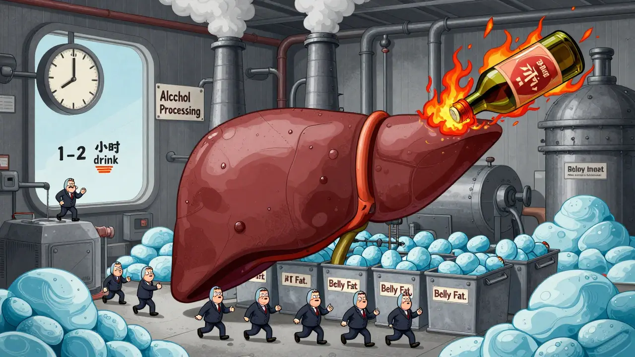 A cartoon liver factory processes alcohol while fat molecules are stored in bins labeled 'Belly Fat,' with flames extinguished by a bottle.