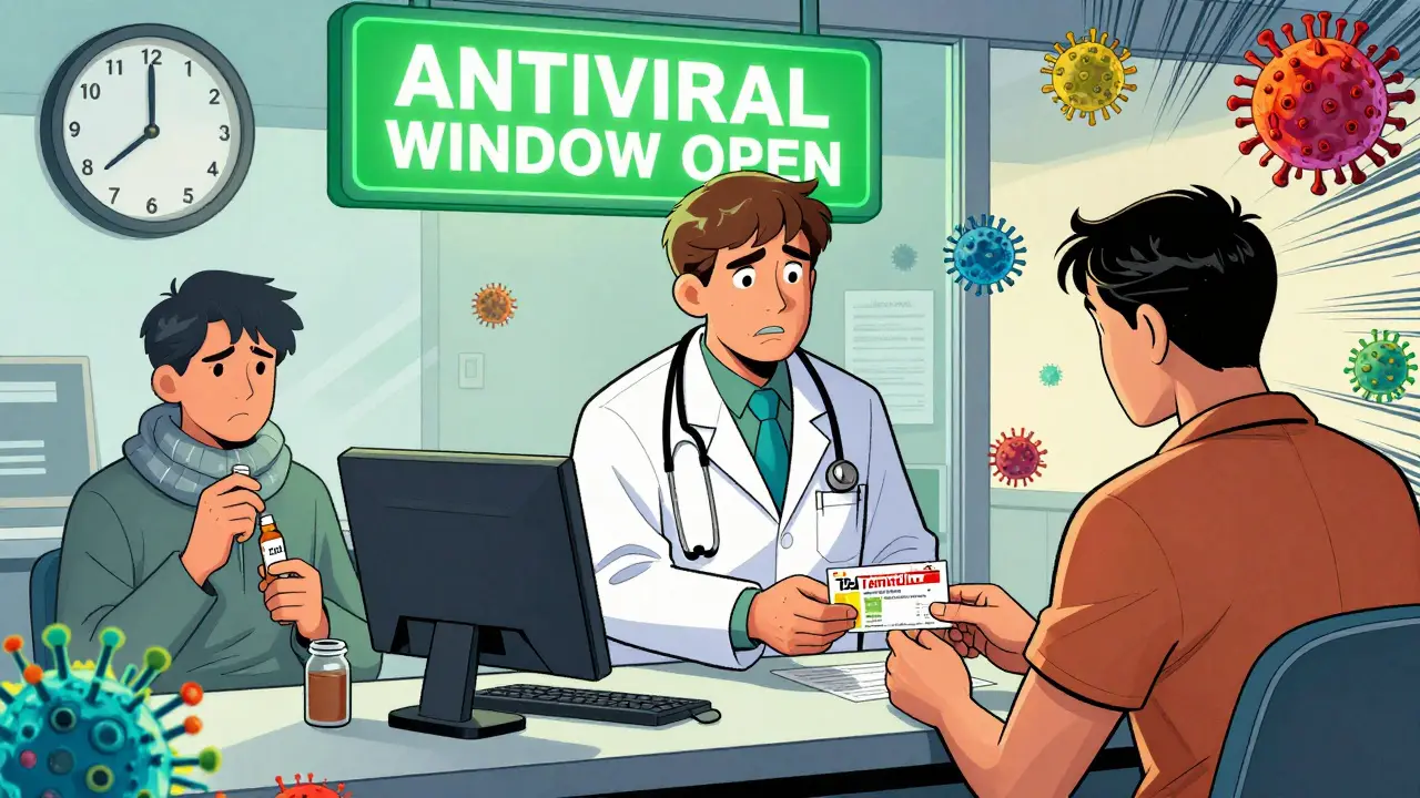 A doctor gives antiviral prescription as a clock ticks past 48 hours, with a confused patient holding zinc lozenges.