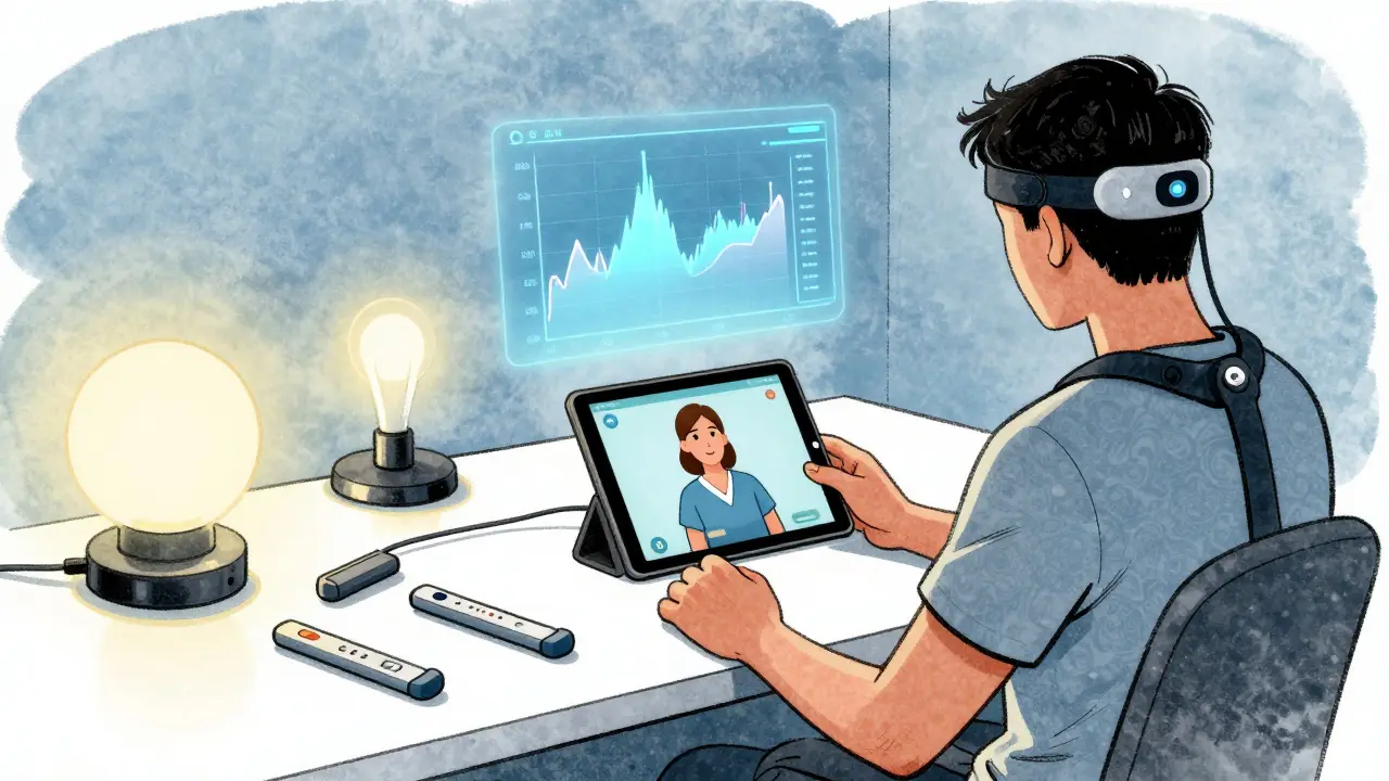 A patient in a home setting uses a wearable sensor and telehealth app for autoimmune rehab, surrounded by adaptive assistive devices.