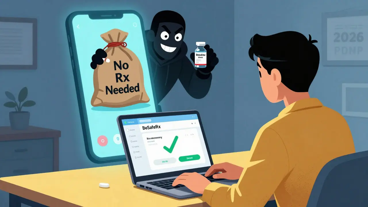 A patient using BeSafeRx to verify a legitimate pharmacy while a shady online pharmacy sneaks behind them with fake pills and social media ads.