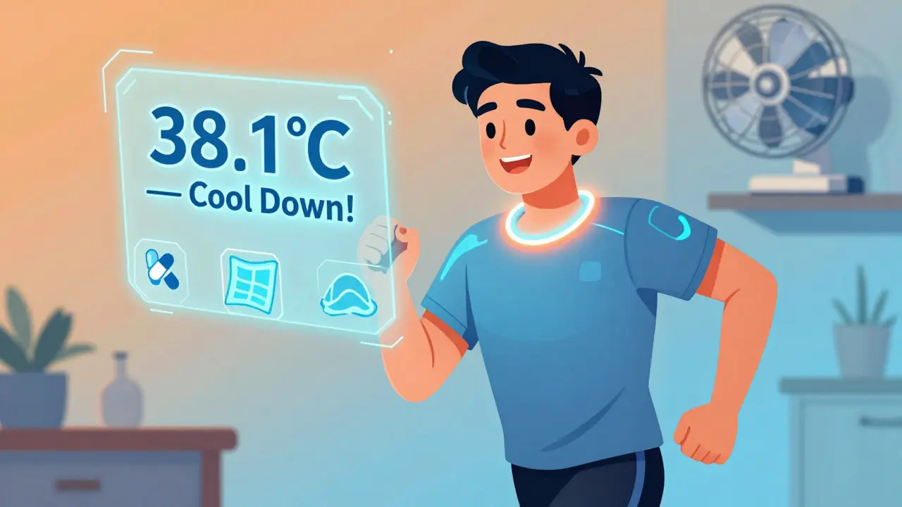 A person wearing a smart shirt that alerts them to rising skin temperature before hives appear.