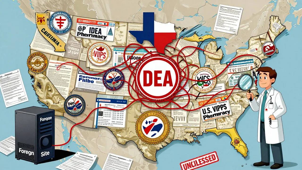 A U.S. map with state pharmacy licenses and illegal online pharmacy links, connected to a DEA symbol and a pharmacist verifying a VIPPS seal.