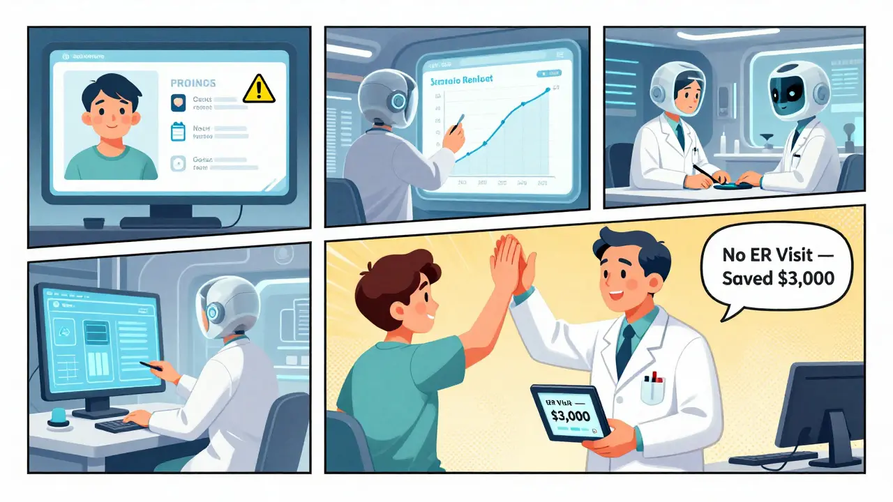 AI analyzing patient data with pharmacist and patient celebrating savings and no ER visit after switching to generic.