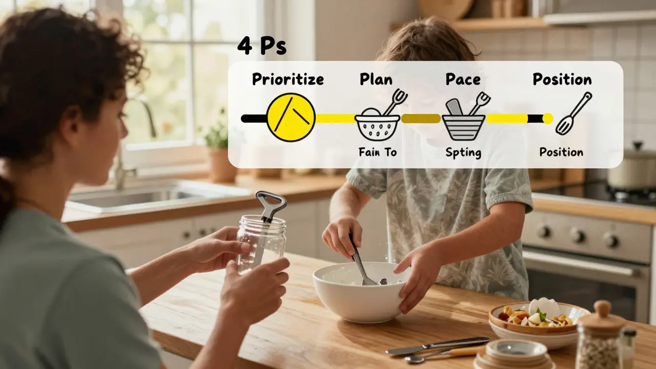An occupational therapist shows a patient how to use ergonomic tools and break tasks into paced steps in the kitchen.