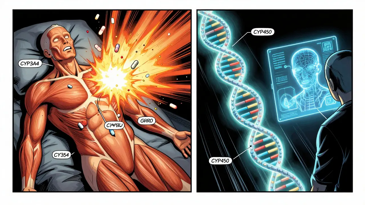 Body as battlefield: enzymes blocked, statins exploding, DNA strand glowing with genetic markers.