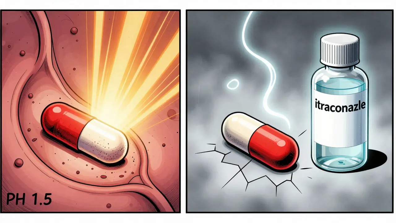 Contrasting images of itraconazole capsule dissolving in acid vs. failing in low-acid environment, with solution form succeeding.