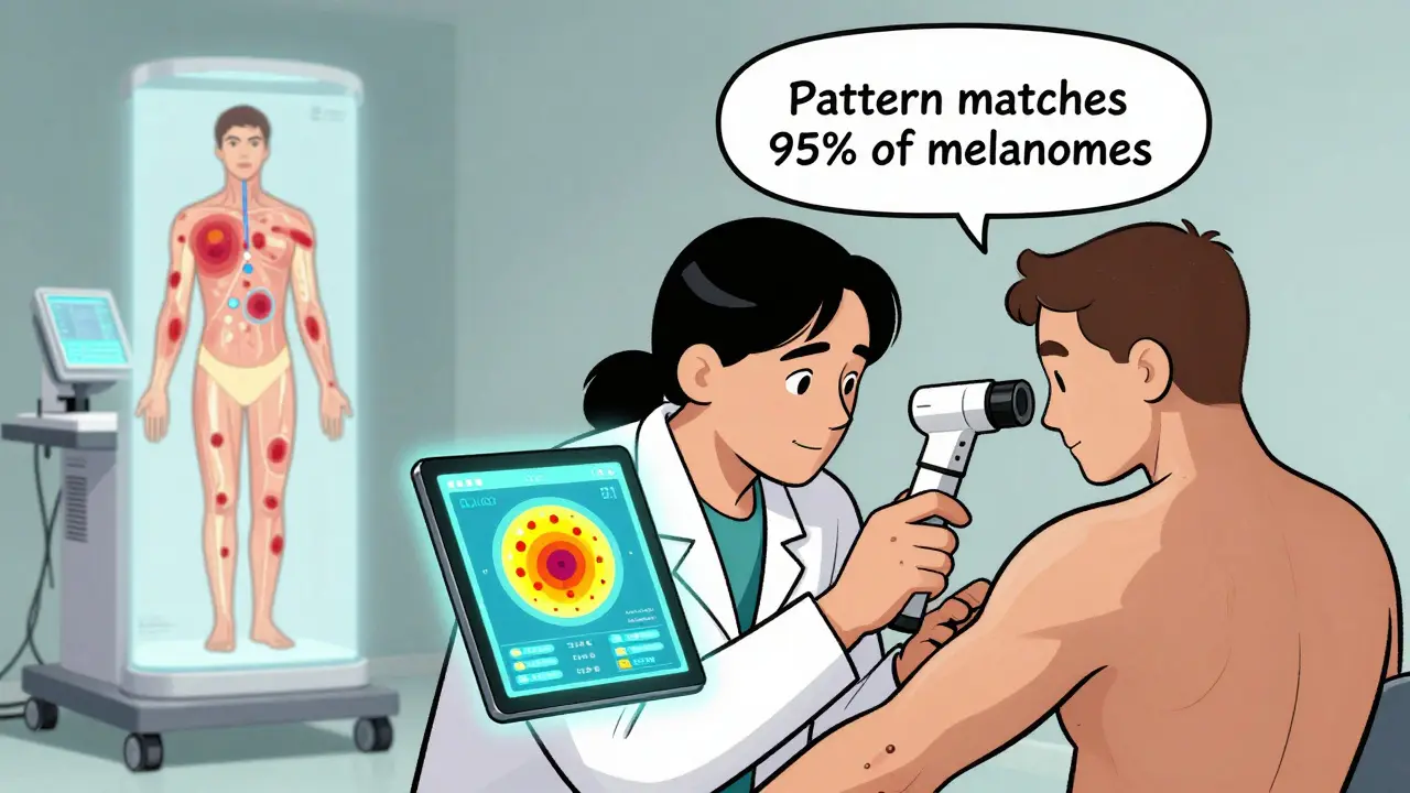 Dermatologist using a dermoscope while AI interface displays a segmented mole analysis.