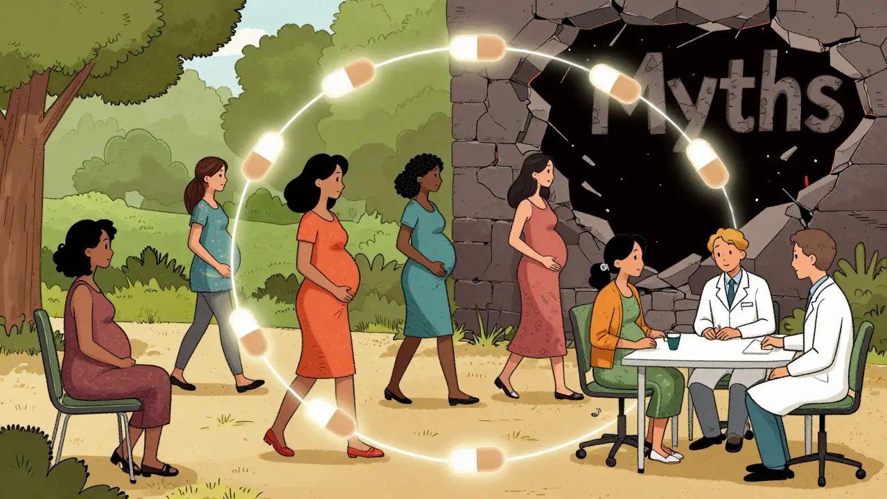 Diverse pregnant women connected by sertraline icons, protective circle forming as myths crumble behind them.