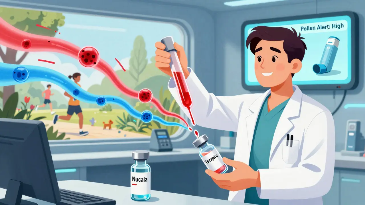 Doctor analyzing blood flow to choose biologic treatment, smart inhaler alerting for pollen, people living freely outdoors.