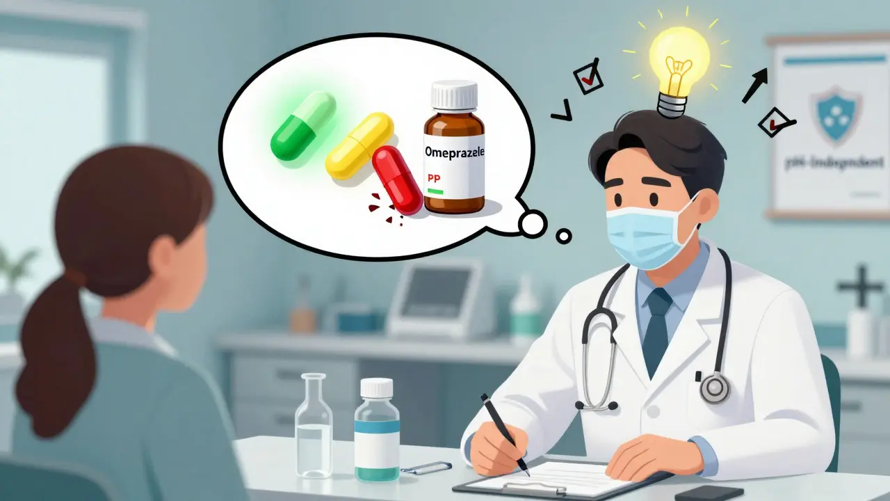 Doctor and patient with thought bubble showing antifungal pills and new Tolsura tablet labeled pH-independent.