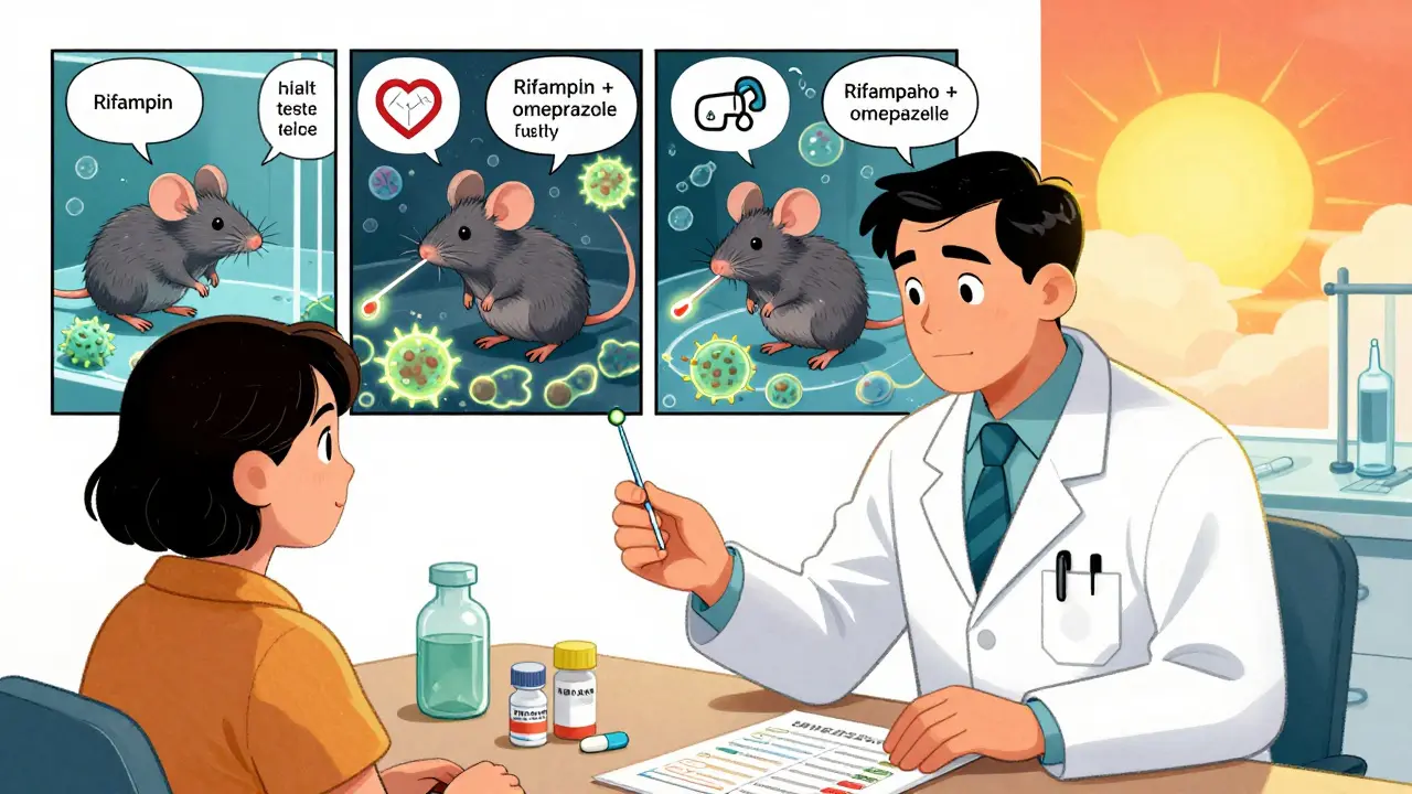 Doctor gives patient IUD and omeprazole; lab mice show improved TB cure with combo therapy, hopeful sunrise in background.