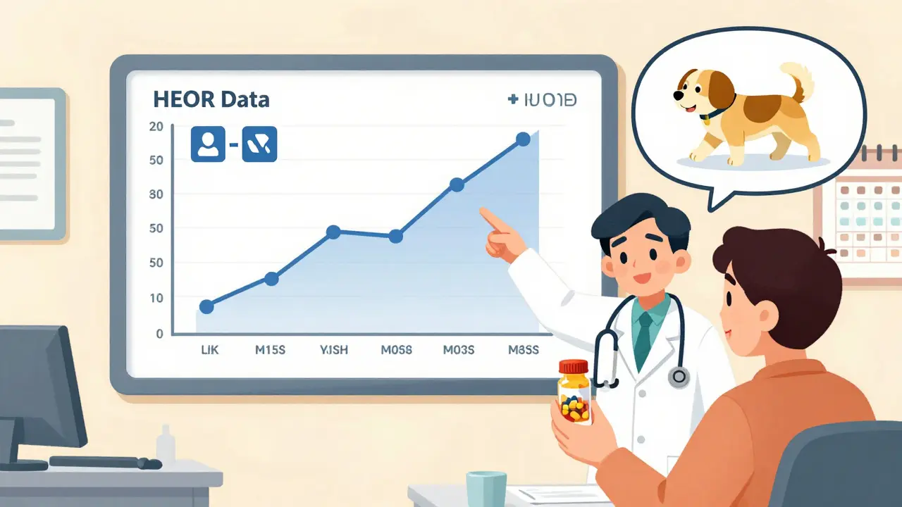 Doctor pointing to HEOR graph showing improved adherence and fewer hospital visits as generics increase.