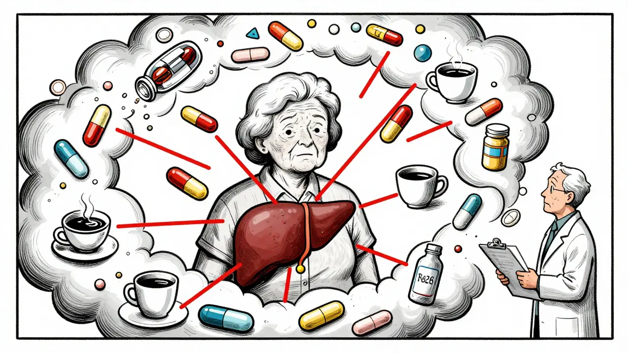 Elderly woman overwhelmed by pills and supplements, with warning lines connecting to vital organs.