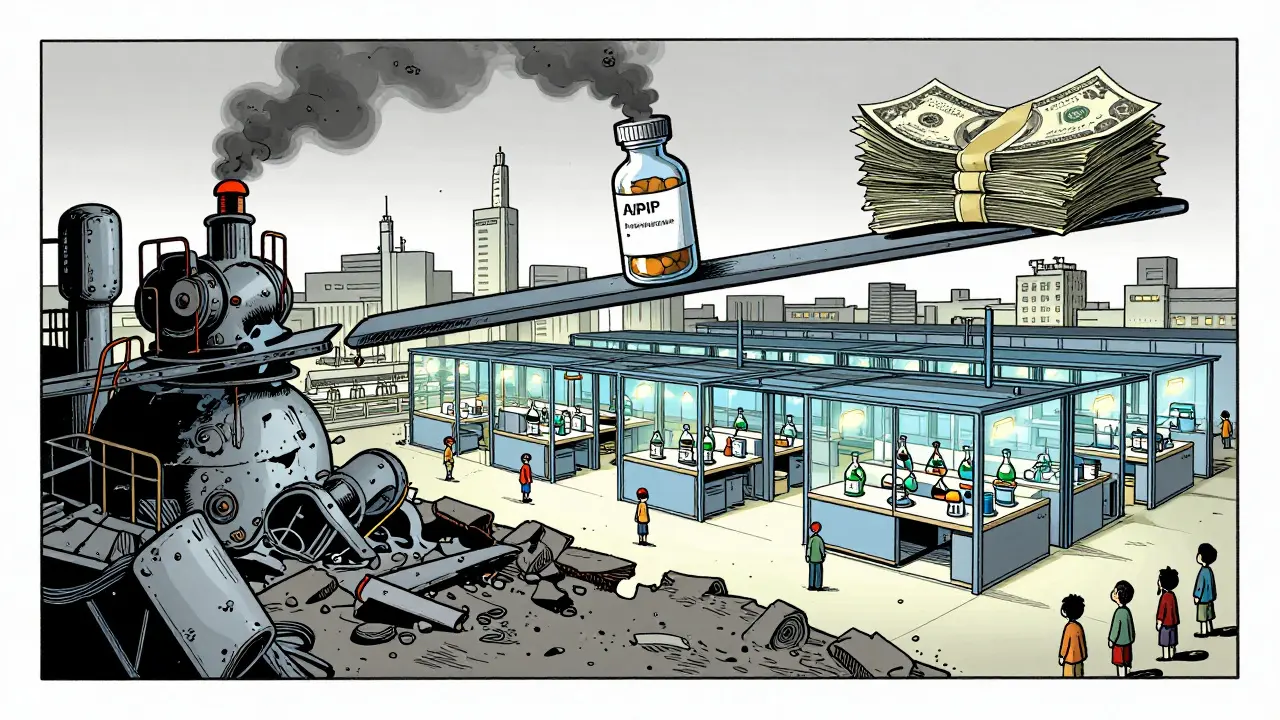 Failing U.S. drug factory vs. overseas plant, scale tipping between medicine and money, patients watching helplessly.