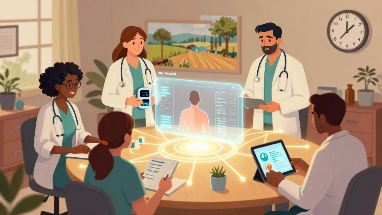 Healthcare team members across the world collaborate via digital links around a shared patient record.