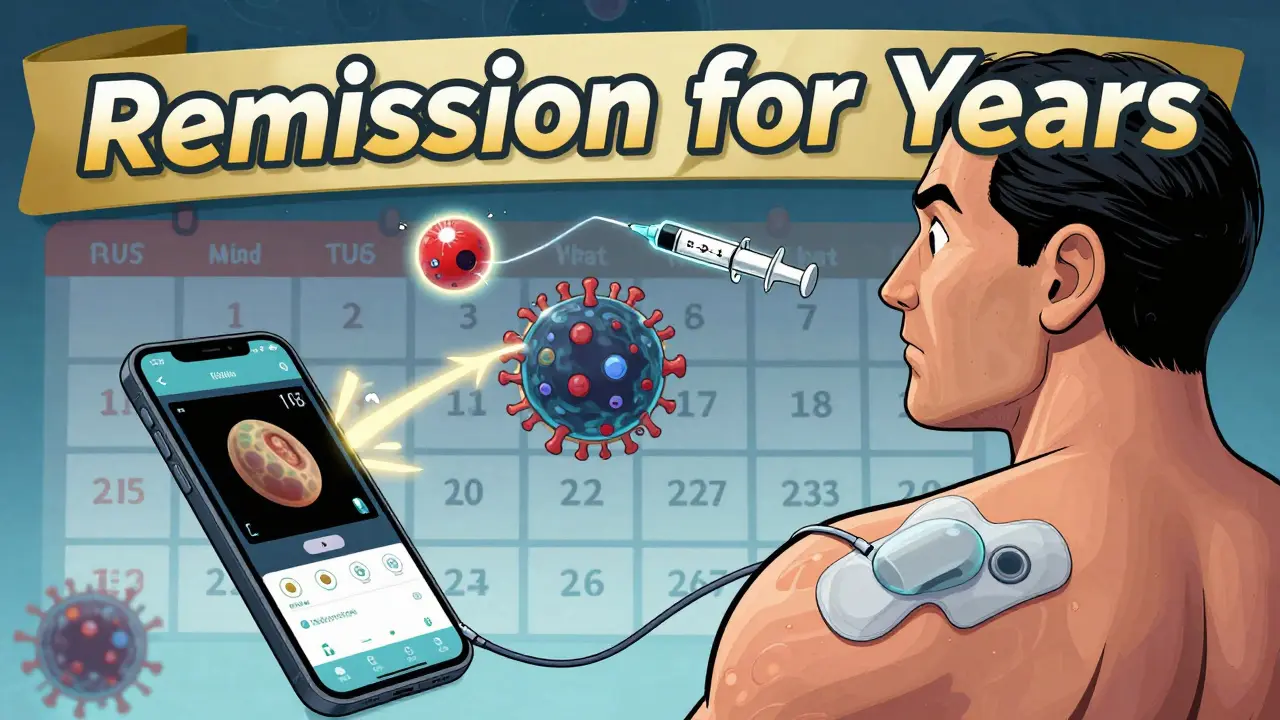 Patient wearing a skin patch connected to a phone app, with immune cells attacking melanoma cells.