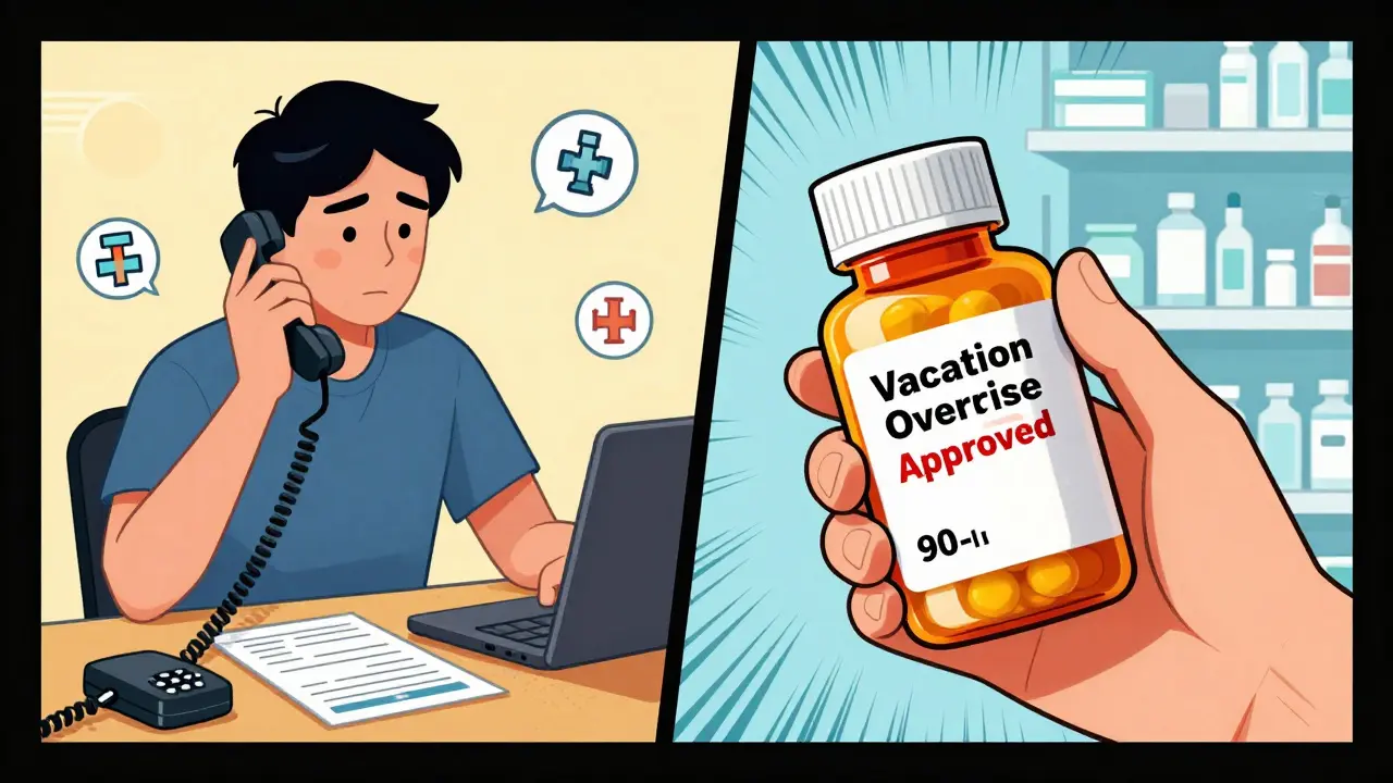 Person receiving a 90-day medication supply from a pharmacist with vacation override approval.