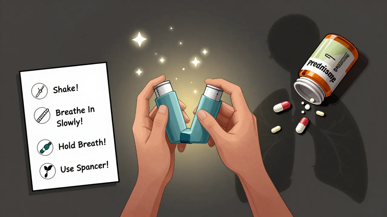 Person using an inhaler with a spacer, medicine entering lungs, while oral steroids fall away in shadow.