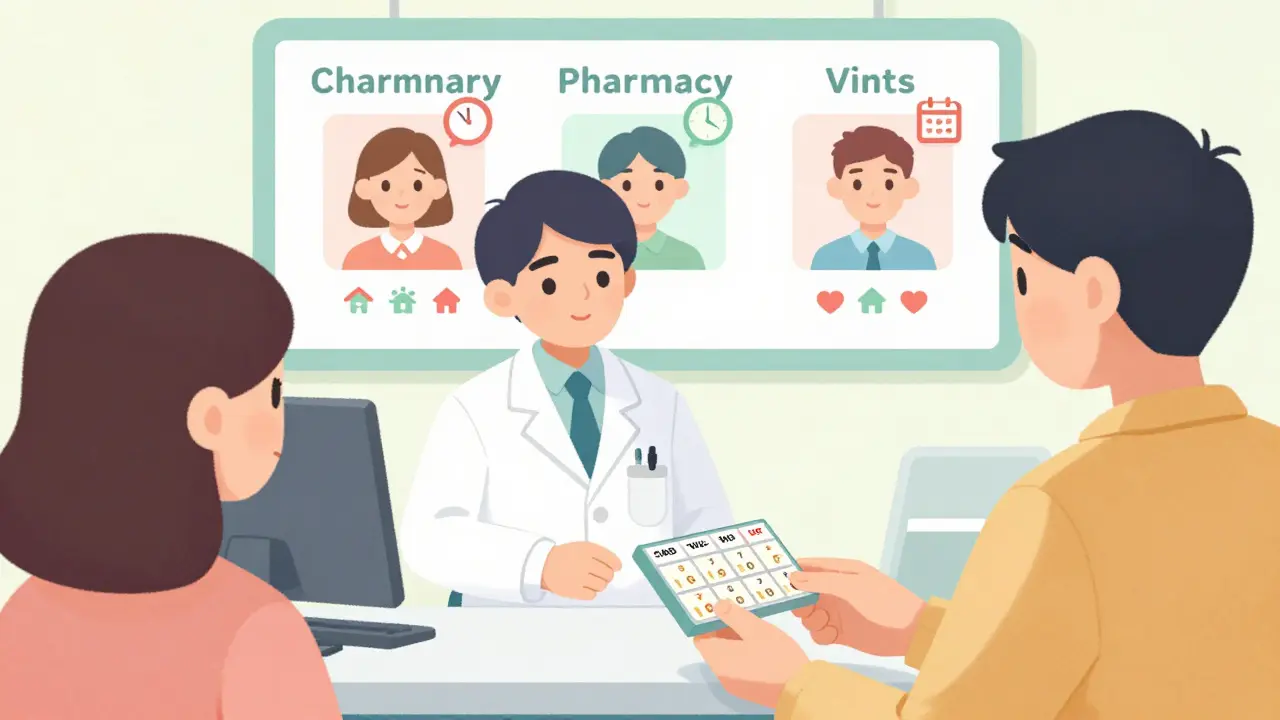 Pharmacist handing a patient a monthly synchronized pill box organized by time of day, with reduced pharmacy visits shown on a wall chart.